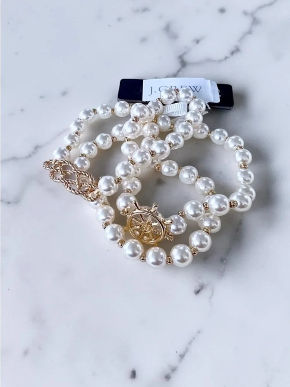 J. Crew Nautical Pearls 3 piece Beaded Bracelet Set with Gold Ship Charms